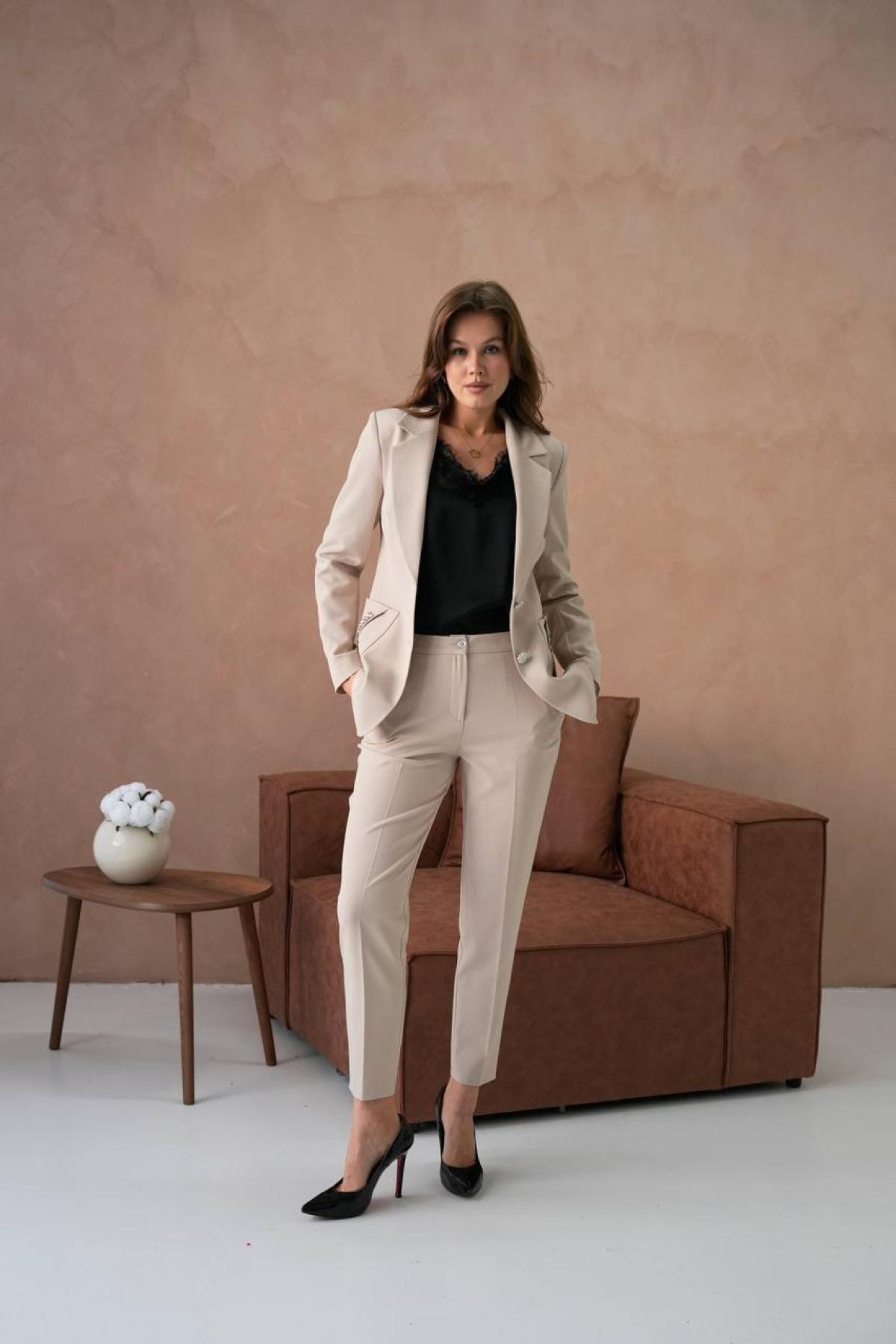 Wholesale Women Plus Size Champagne Two Piece Suit - Blazer and Pants Set 733556
