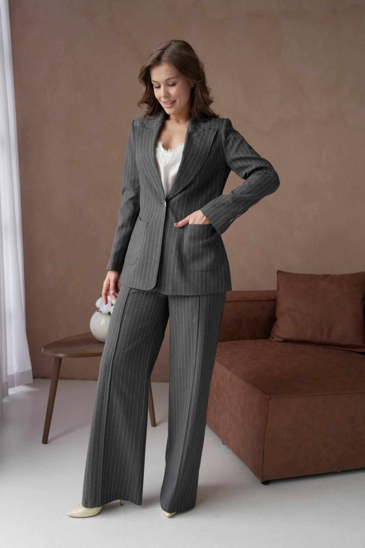 Wholesale Women Plus Size Gray Striped Patterned Two Piece Suit Blazer and Pants Set 737228