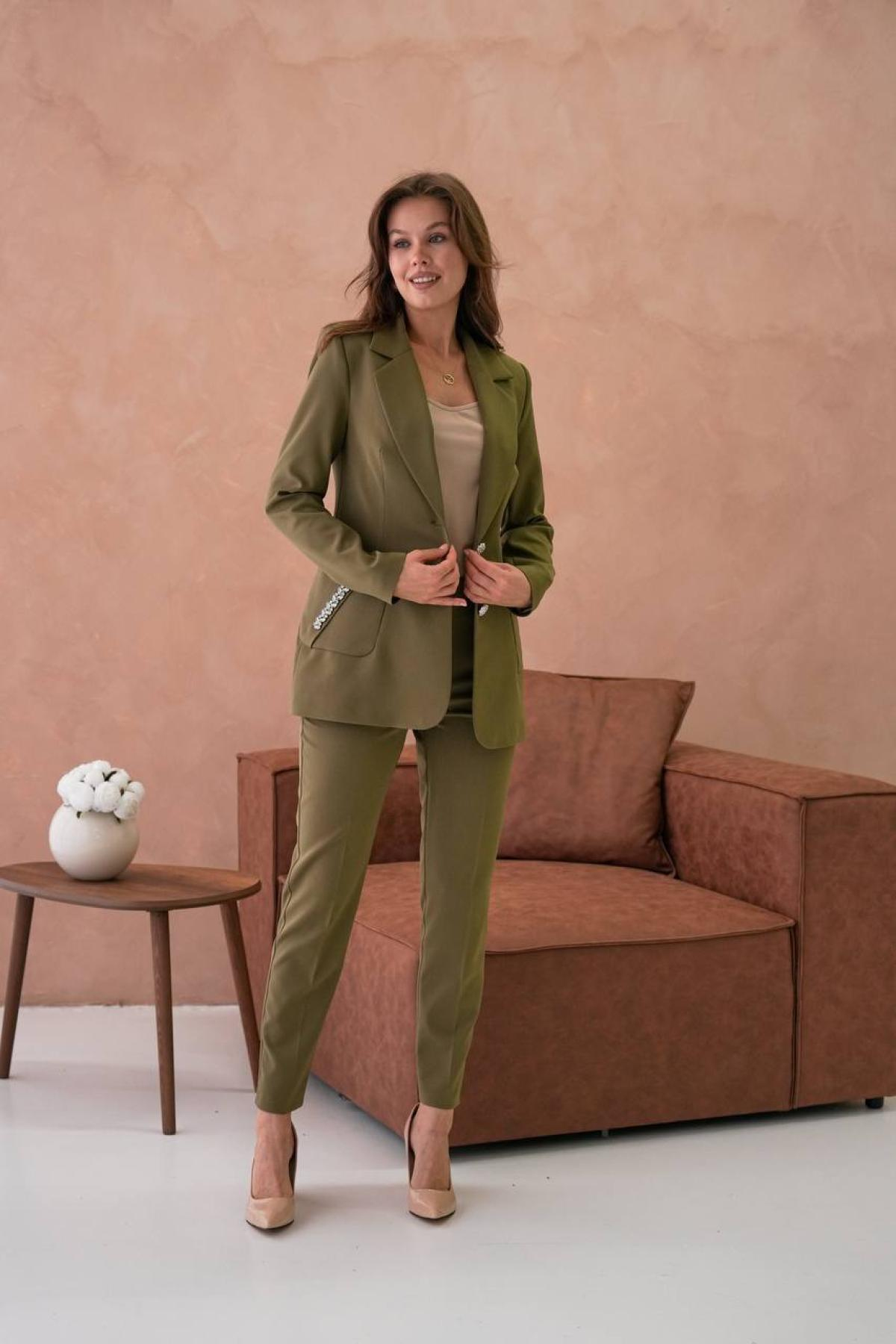 Wholesale Women Plus Size Khaki Two Piece Suit - Blazer and Pants Set 733557
