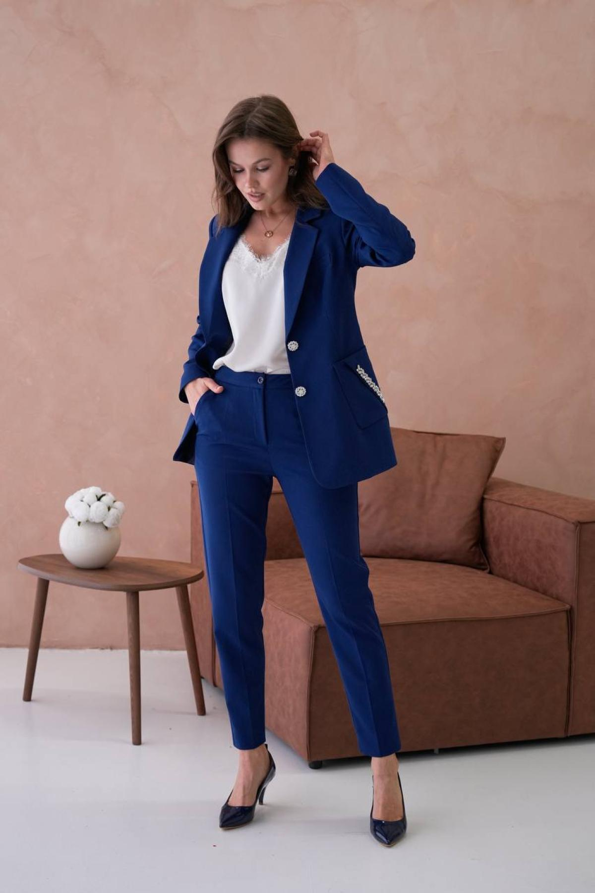 Wholesale Women Plus Size Midnight Blue Two Piece Suit - Blazer and Pants Set 733558