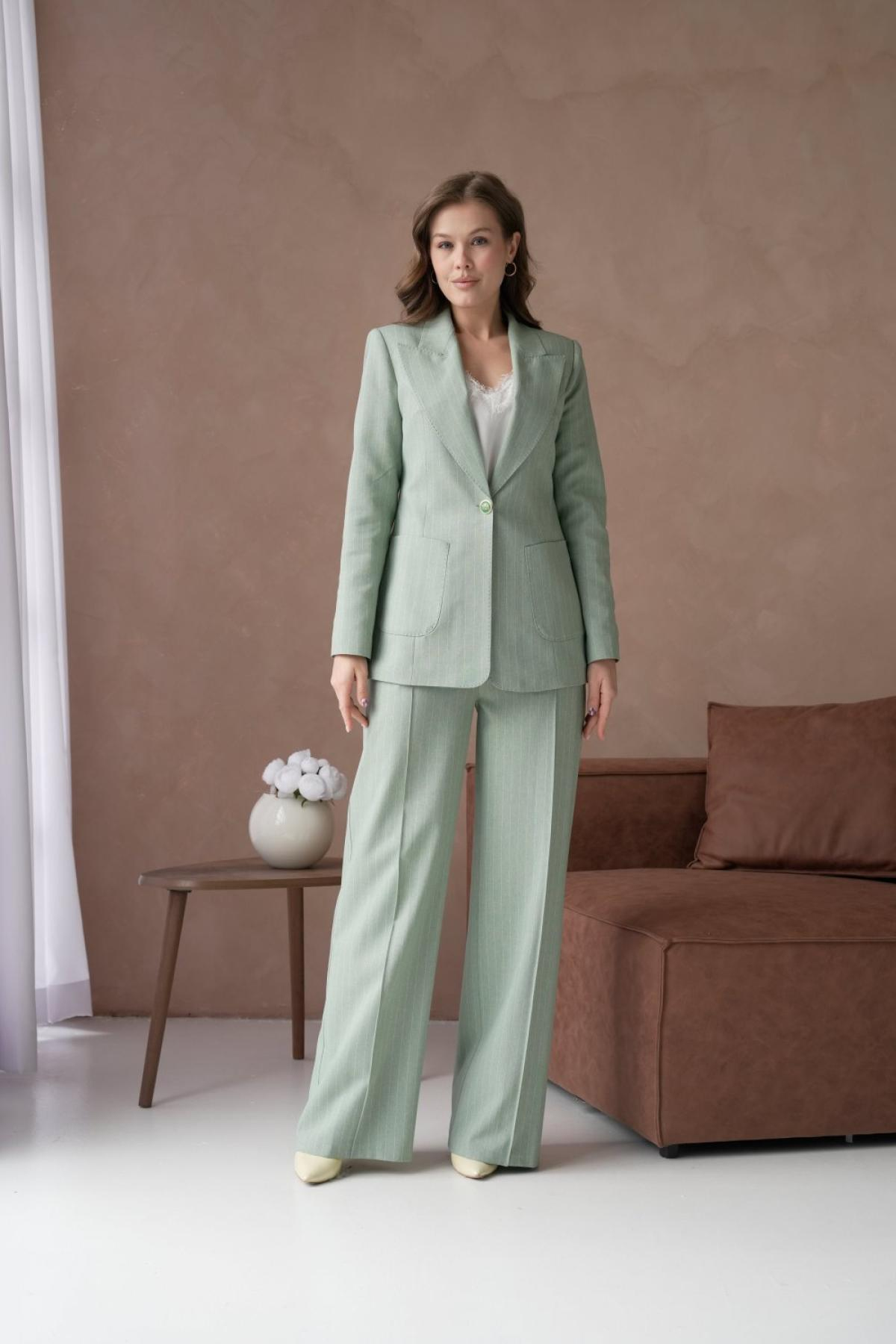 Wholesale Women Plus Size Mint  Striped Patterned Two Piece Suit Blazer and Pants Set 737230