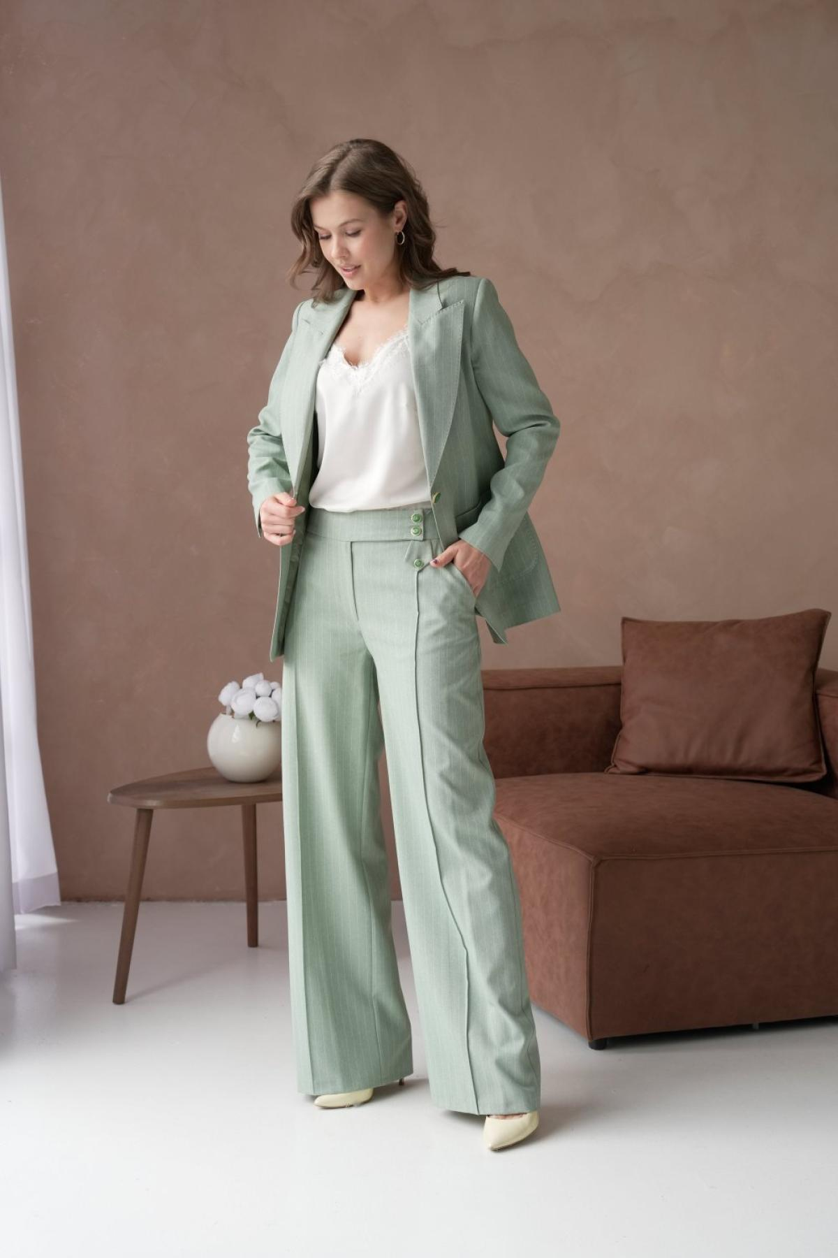Wholesale Women Plus Size Mint  Striped Patterned Two Piece Suit Blazer and Pants Set 737230