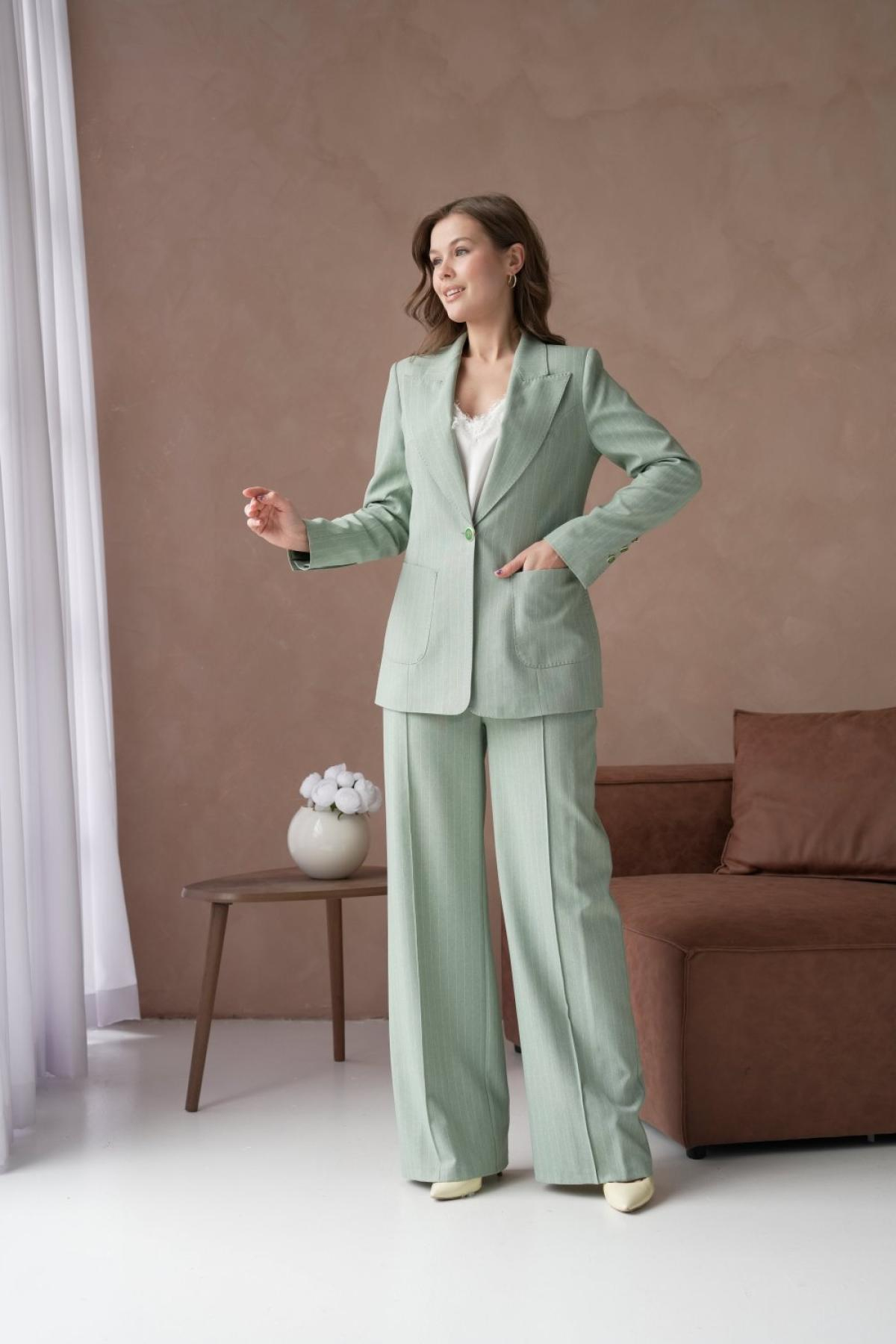 Wholesale Women Plus Size Mint  Striped Patterned Two Piece Suit Blazer and Pants Set 737230