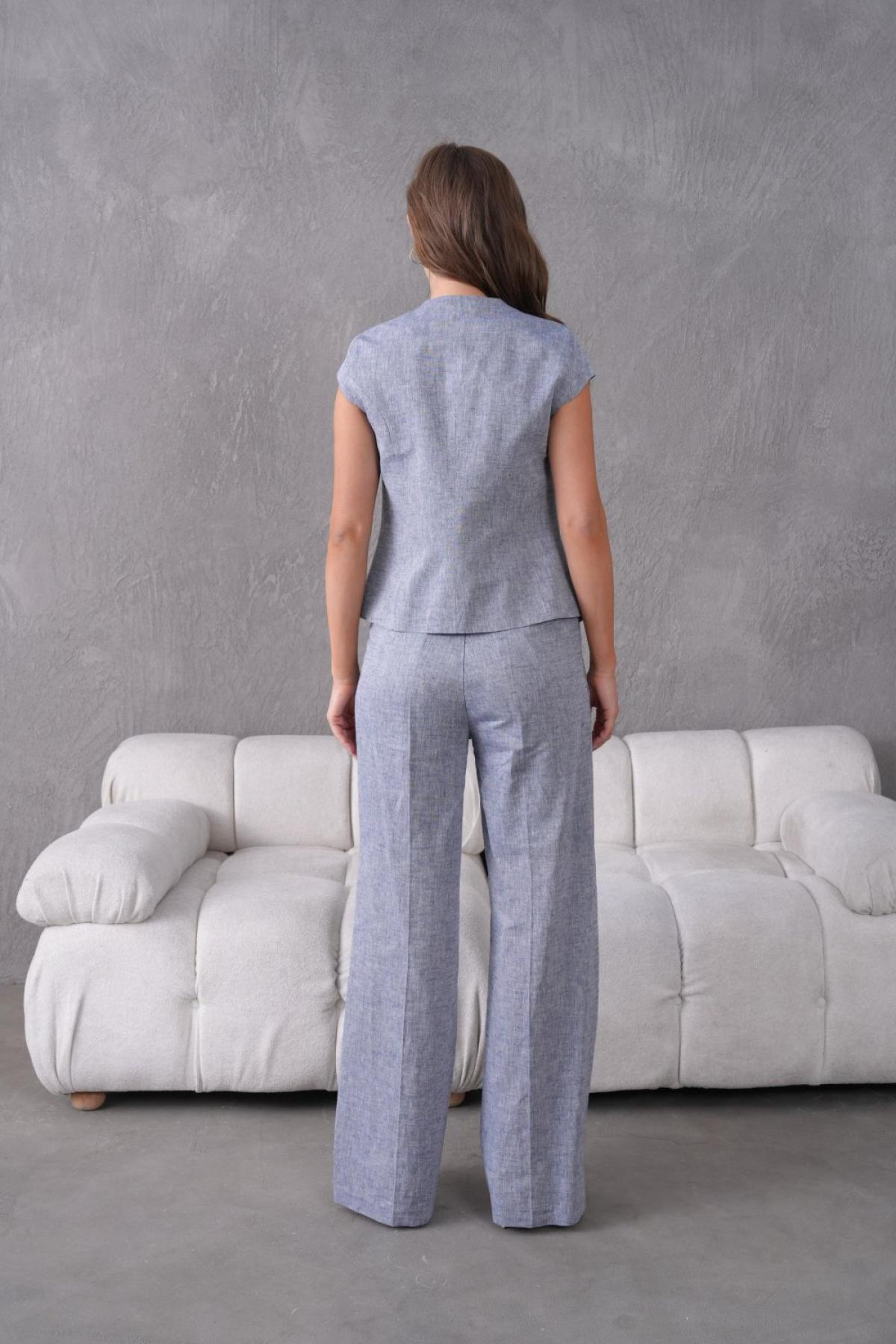 Wholesale Women  Plus Size Navy Brooch Linen Two Piece Suit  Vest and Pants Set 737191