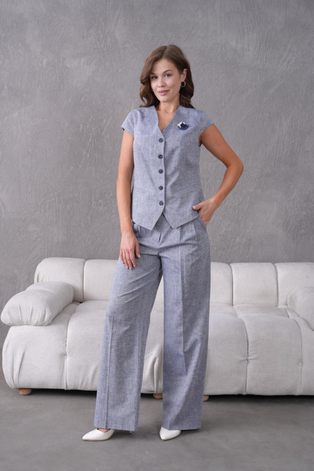 Wholesale Women  Plus Size Navy Brooch Linen Two Piece Suit  Vest and Pants Set 737191