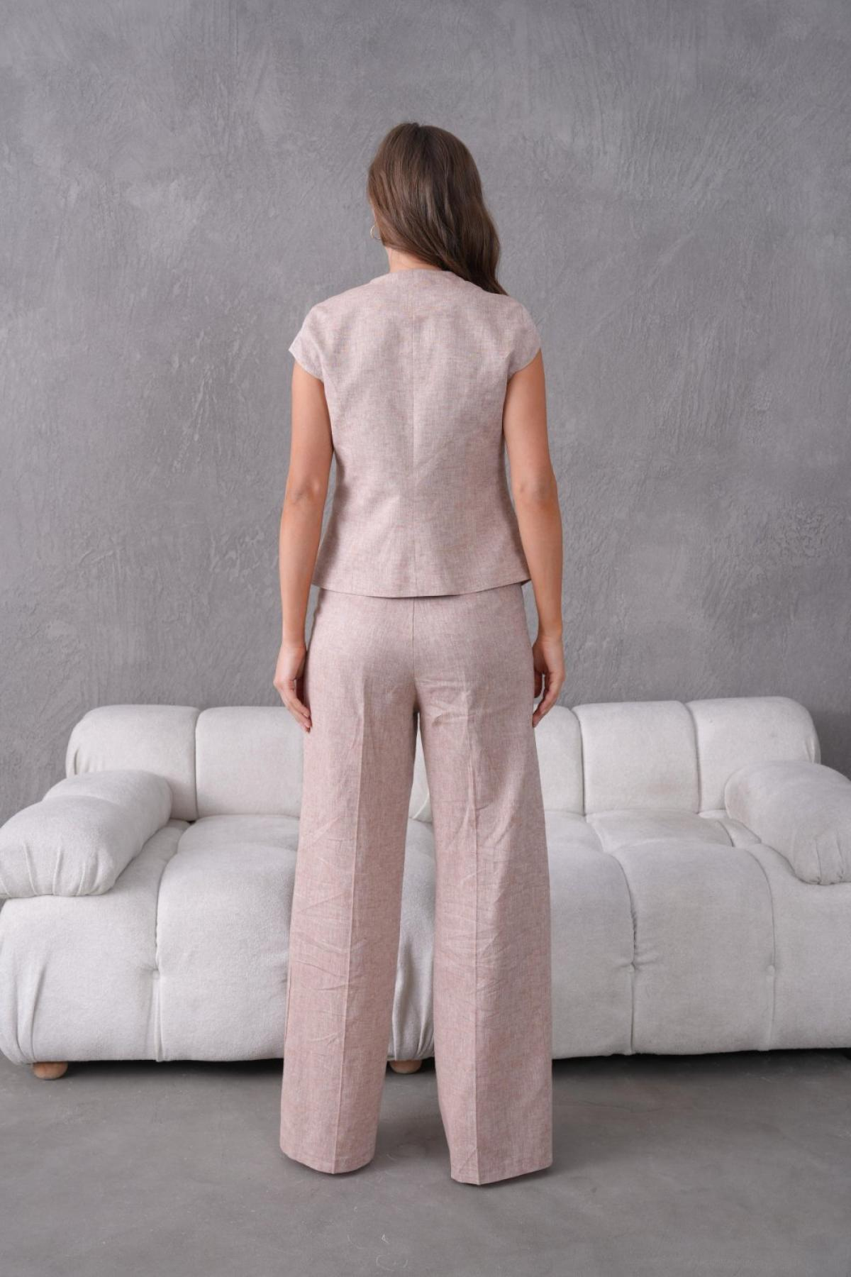 Wholesale Women Plus Size Salmon Brooch Linen Two Piece Suit  Vest and Pants Set 737194