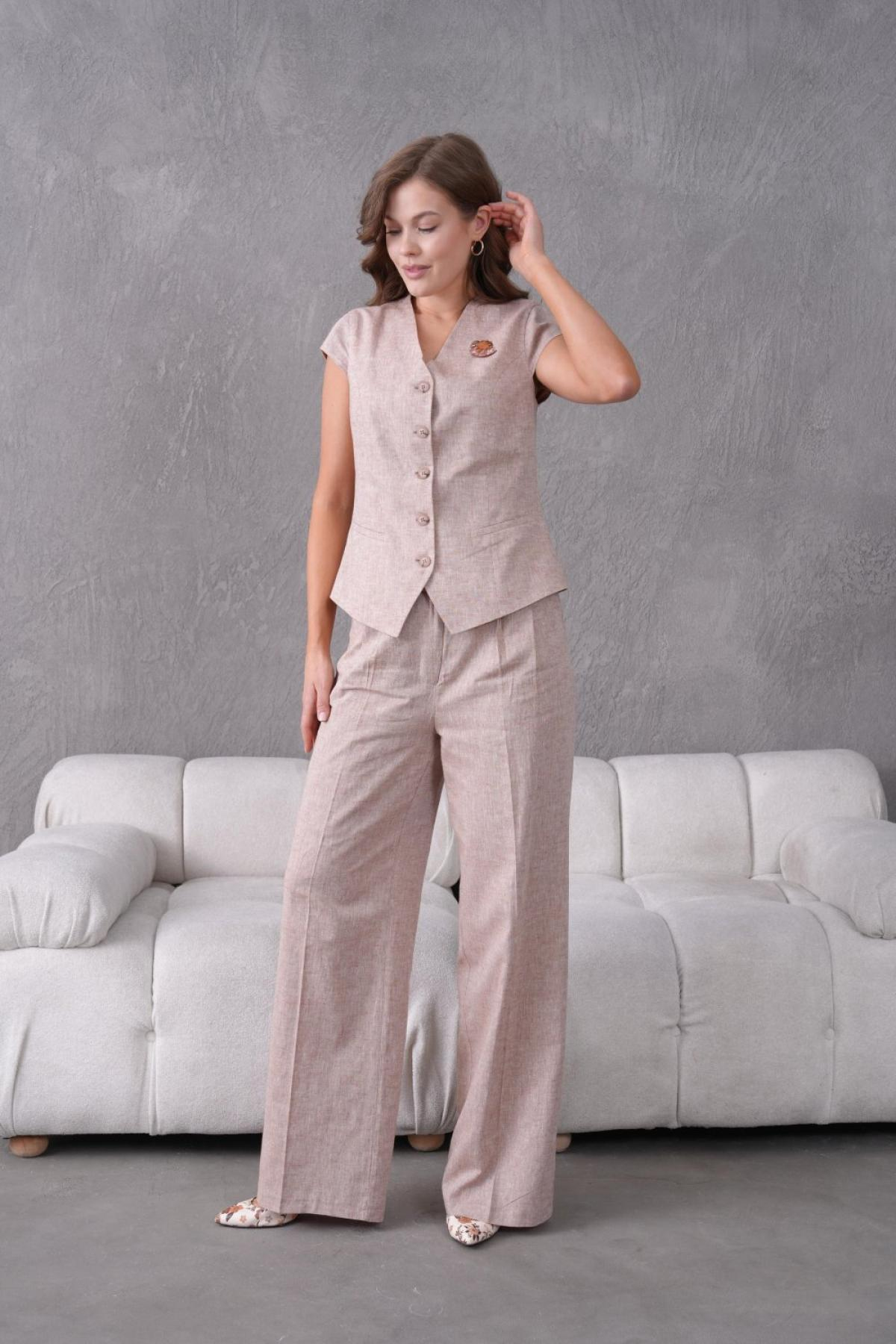 Wholesale Women Plus Size Salmon Brooch Linen Two Piece Suit  Vest and Pants Set 737194