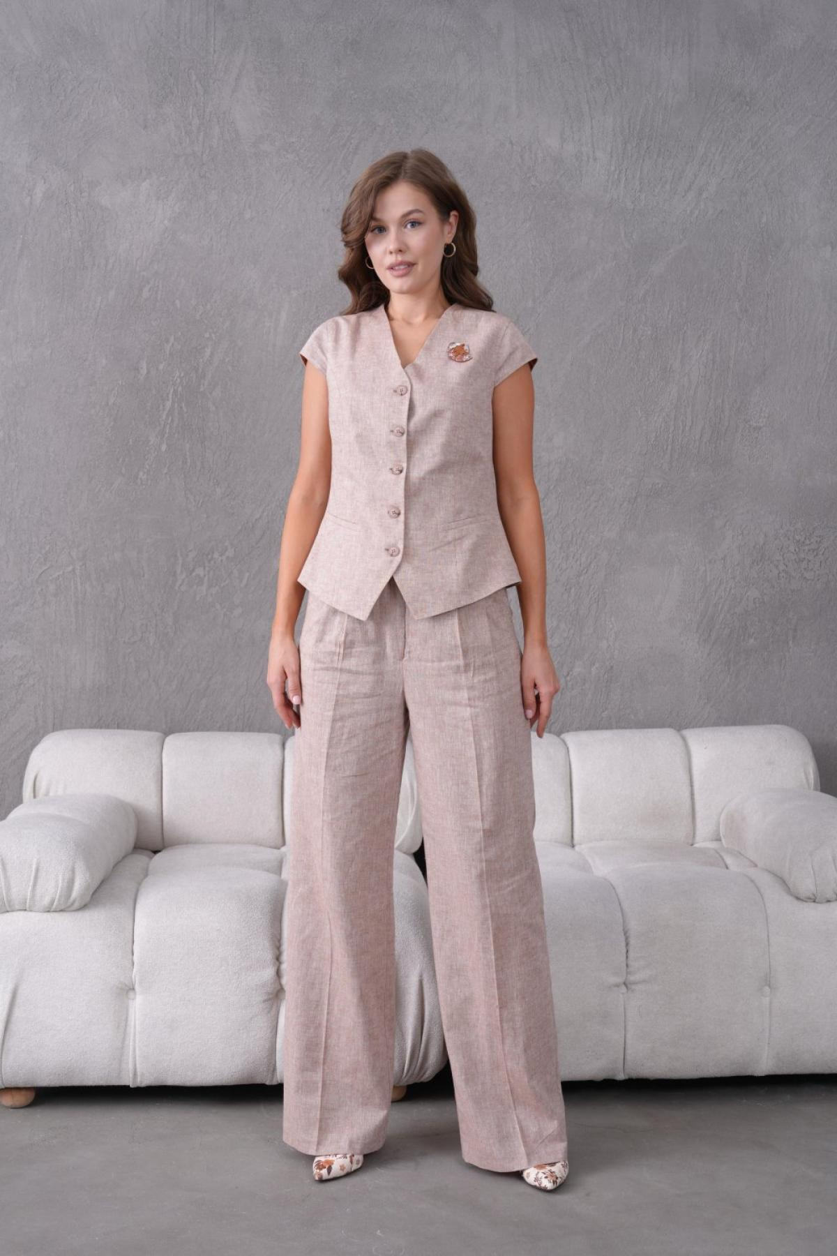 Wholesale Women Plus Size Salmon Brooch Linen Two Piece Suit  Vest and Pants Set 737194