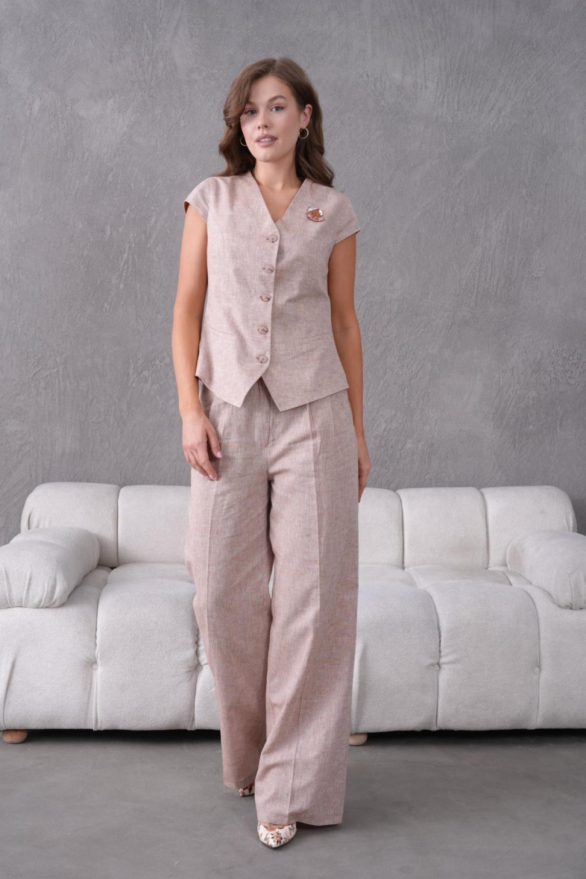 Wholesale Women Plus Size Salmon Brooch Linen Two Piece Suit  Vest and Pants Set 737194