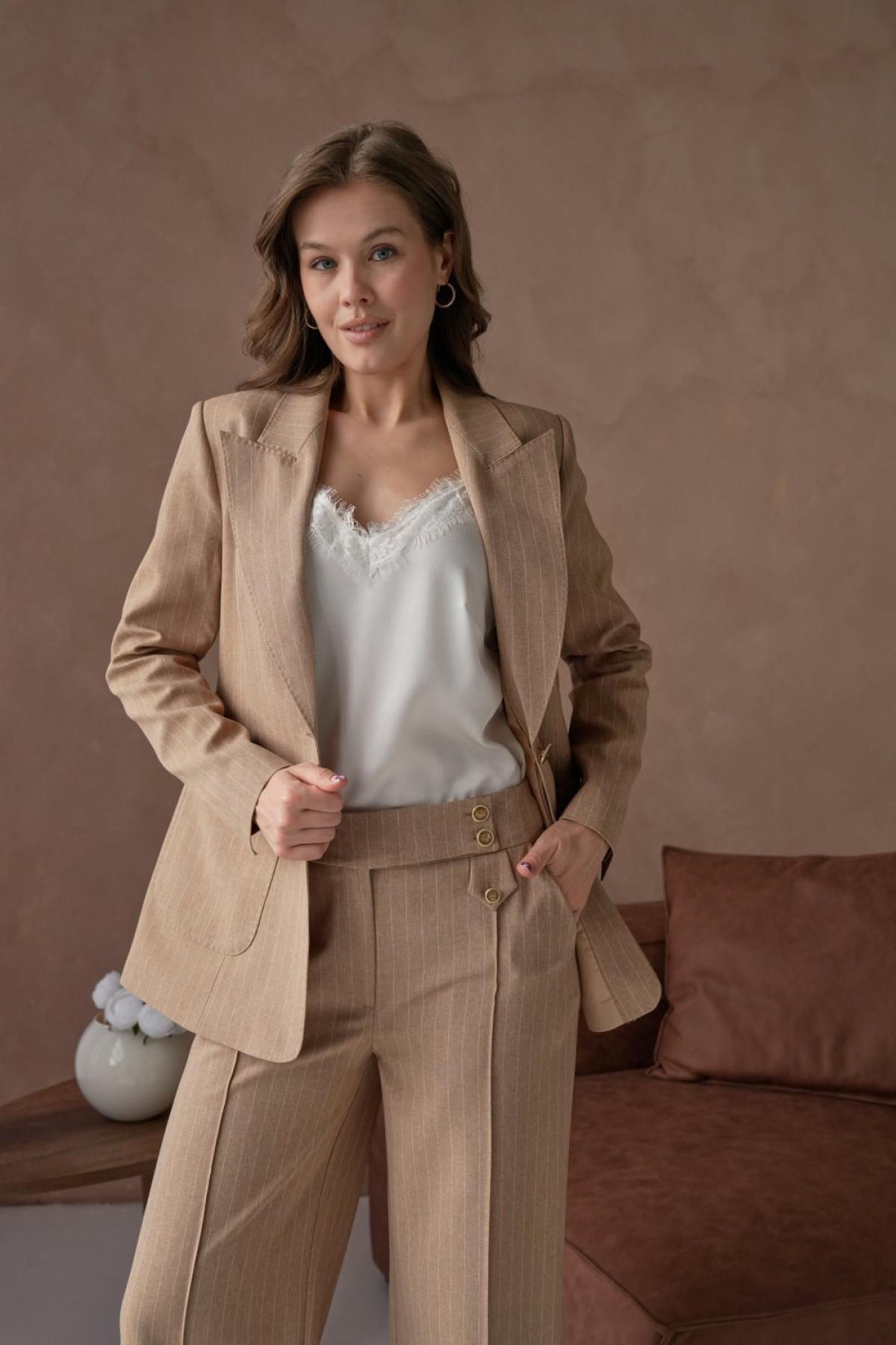 Wholesale Women Plus Size  Tobacco Brown Striped Patterned Two Piece Suit Blazer and Pants Set 737232