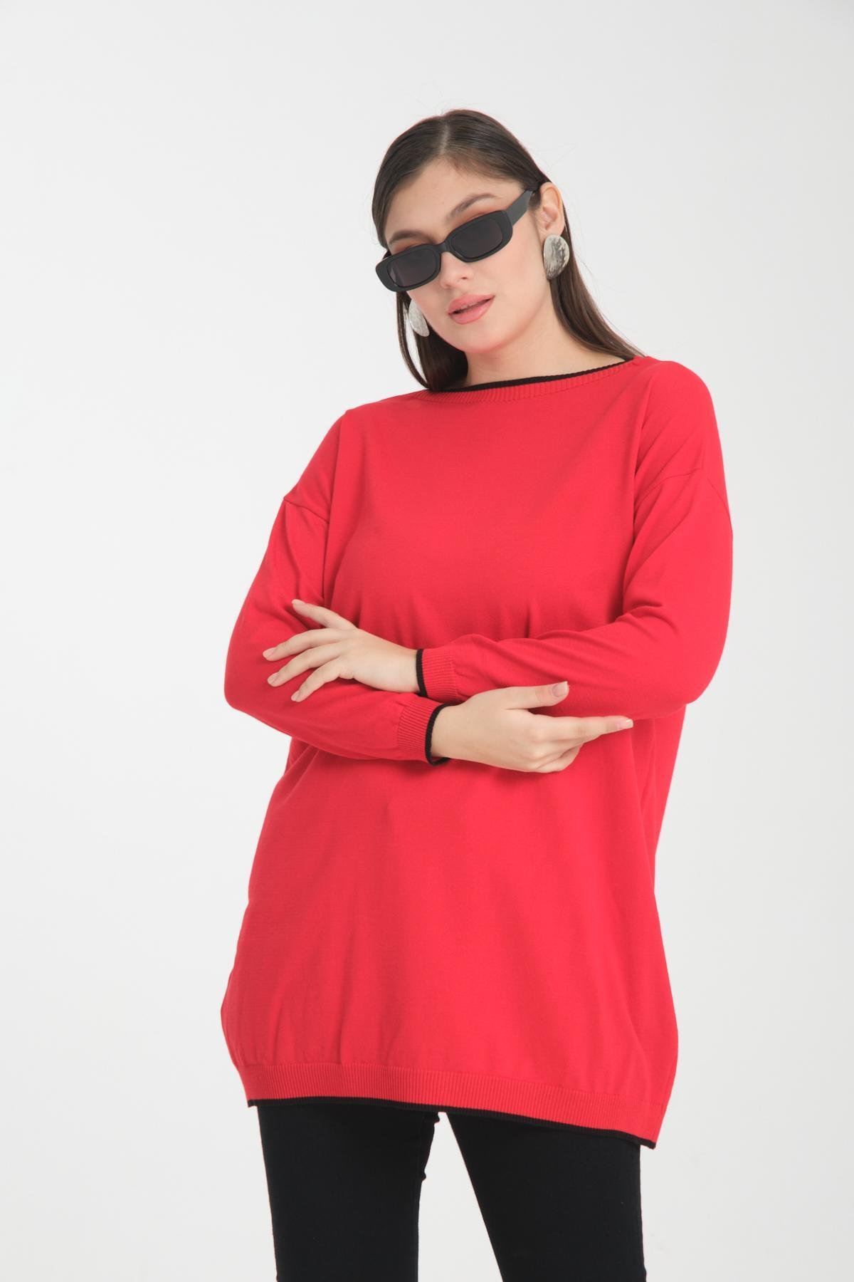 Wholesale Women Red Garnished Boat Neck Knit Blouse 722657