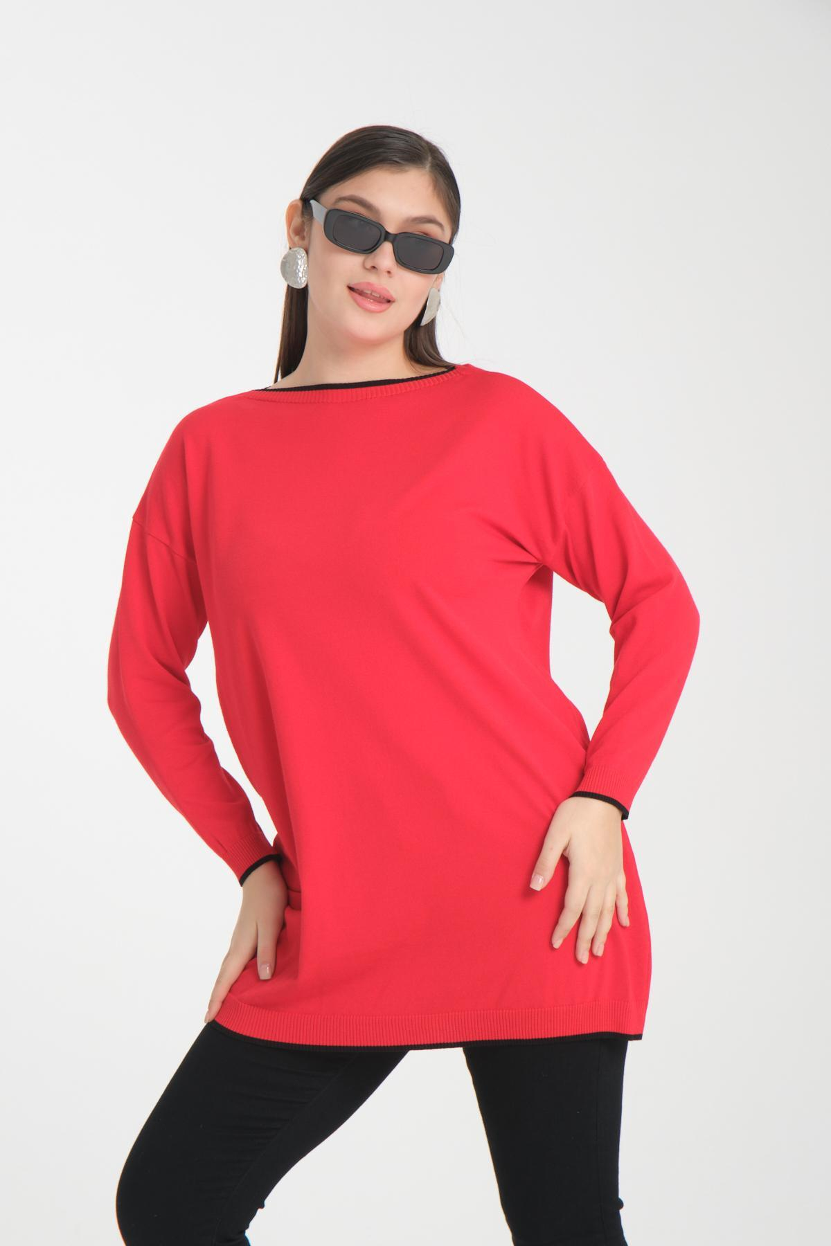 Wholesale Women Red Garnished Boat Neck Knit Blouse 722657