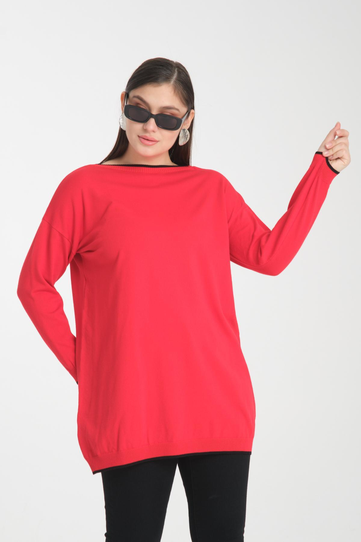 Wholesale Women Red Garnished Boat Neck Knit Blouse 722657