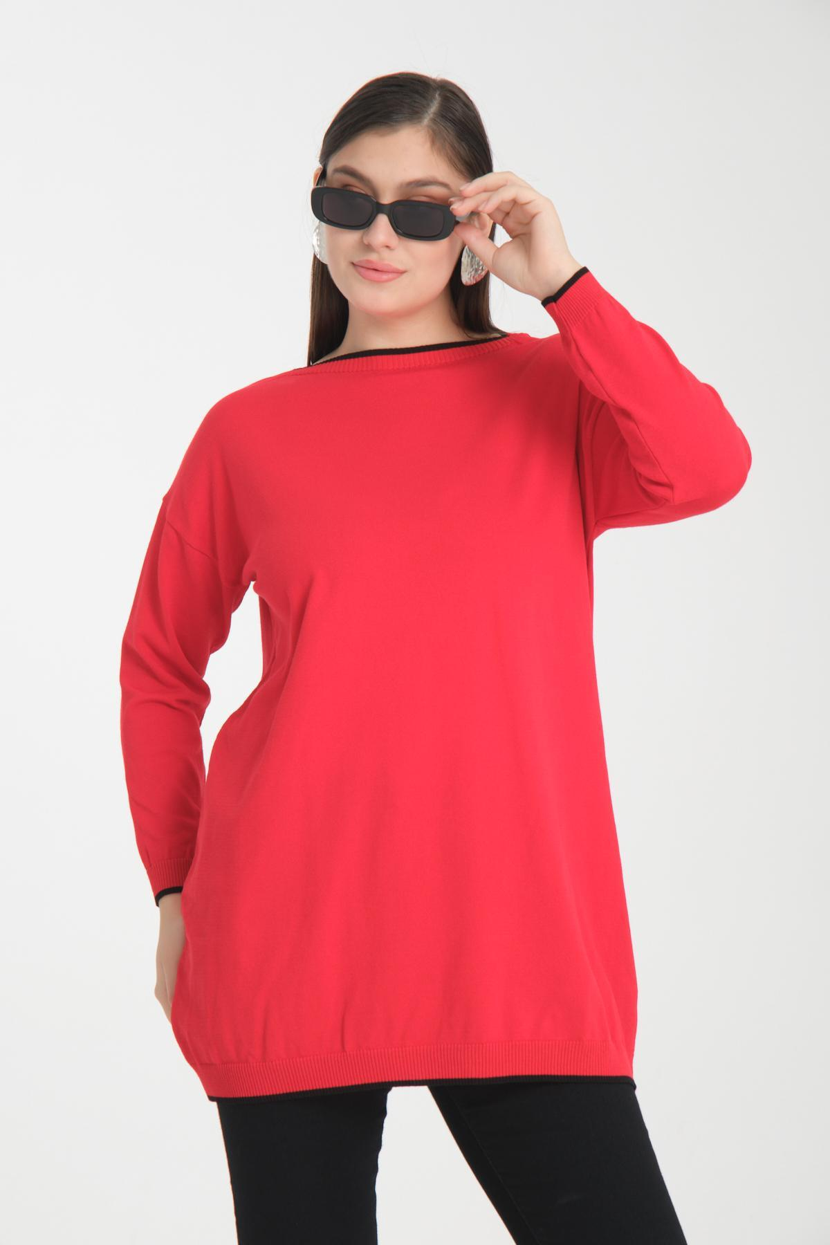 Wholesale Women Red Garnished Boat Neck Knit Blouse 722657
