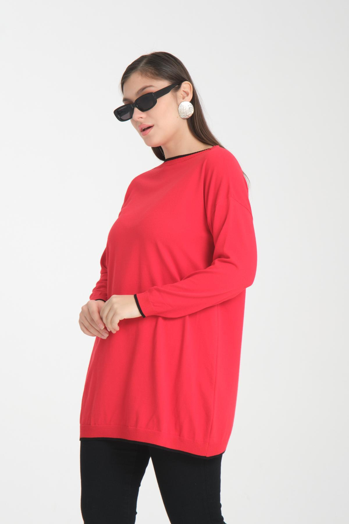 Wholesale Women Red Garnished Boat Neck Knit Blouse 722657