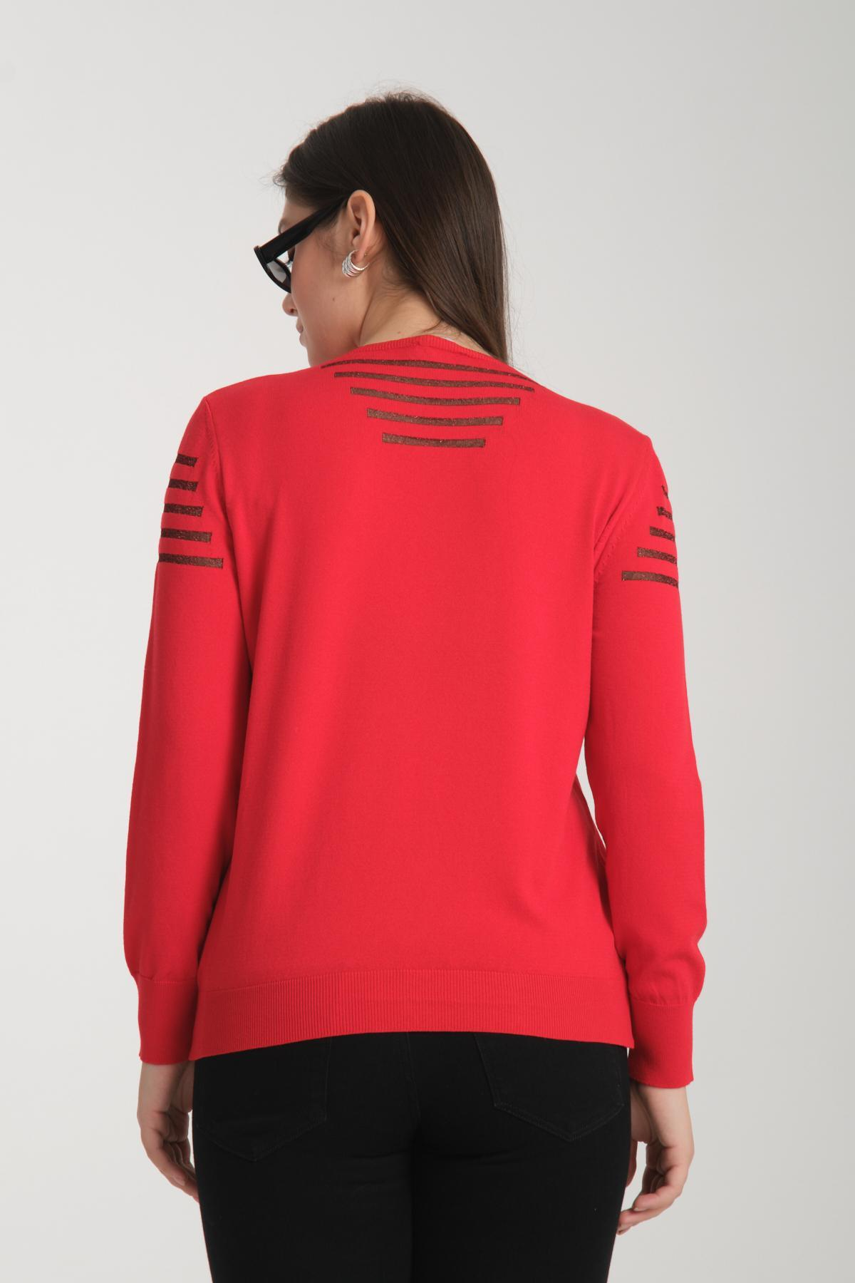 Wholesale Women Red Glitter Garnished V Neck Knit Blouse 722619