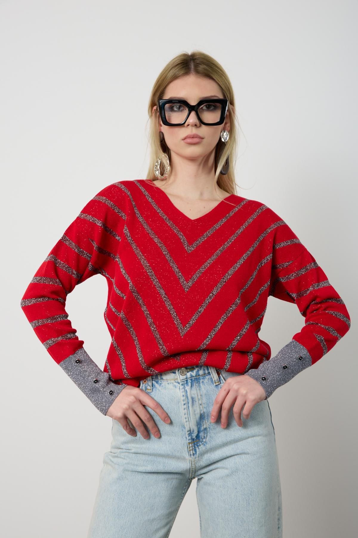 Wholesale Women Red Glitter V Neck Knit Blouse with Buttons on Sleeves 724819
