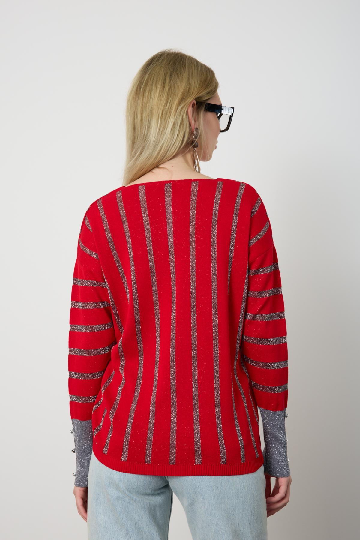 Wholesale Women Red Glitter V Neck Knit Blouse with Buttons on Sleeves 724819