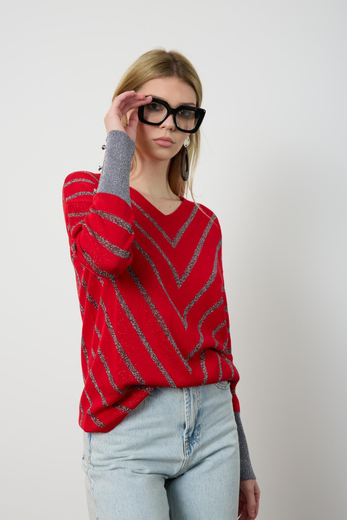 Wholesale Women Red Glitter V Neck Knit Blouse with Buttons on Sleeves 724819