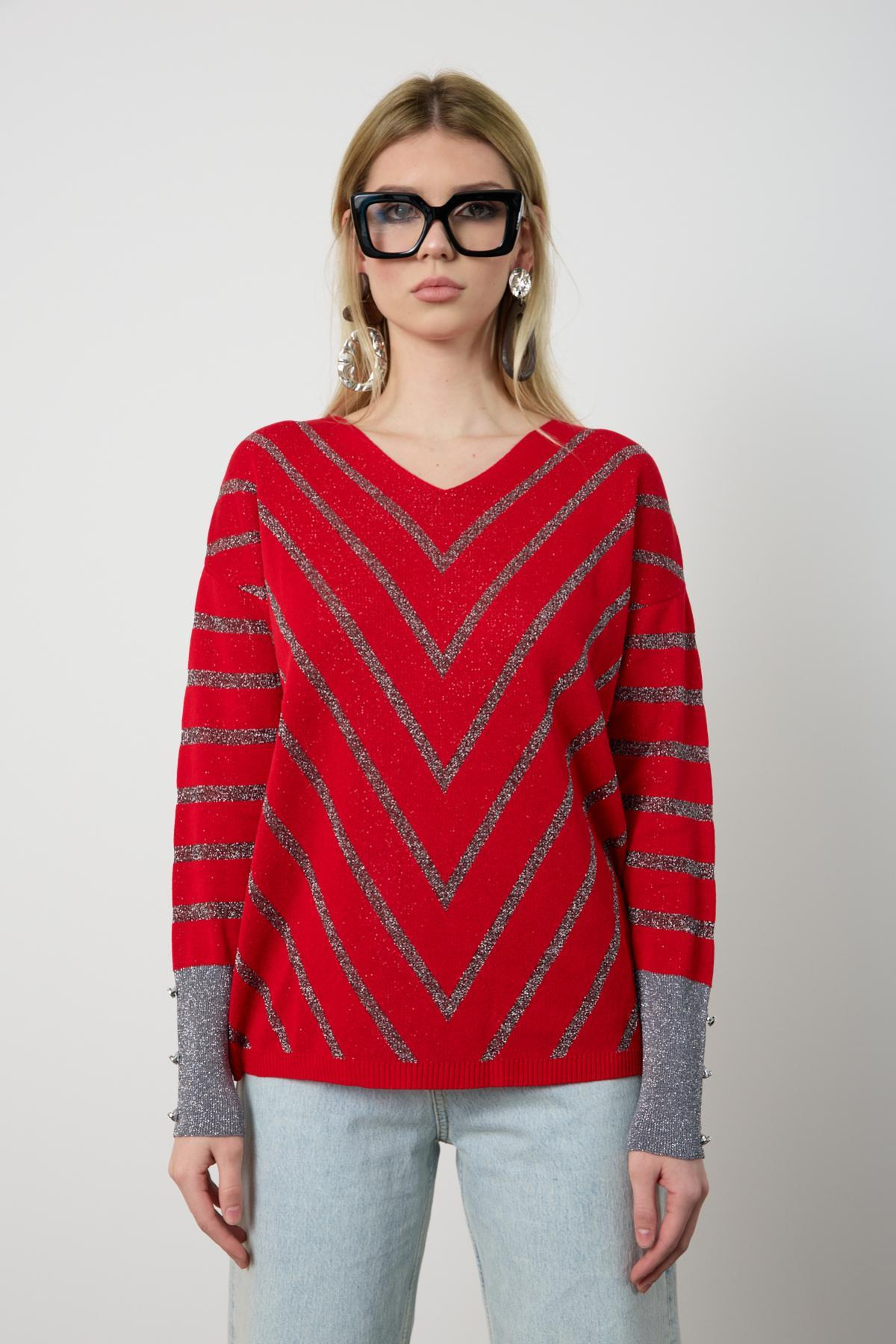 Wholesale Women Red Glitter V Neck Knit Blouse with Buttons on Sleeves 724819
