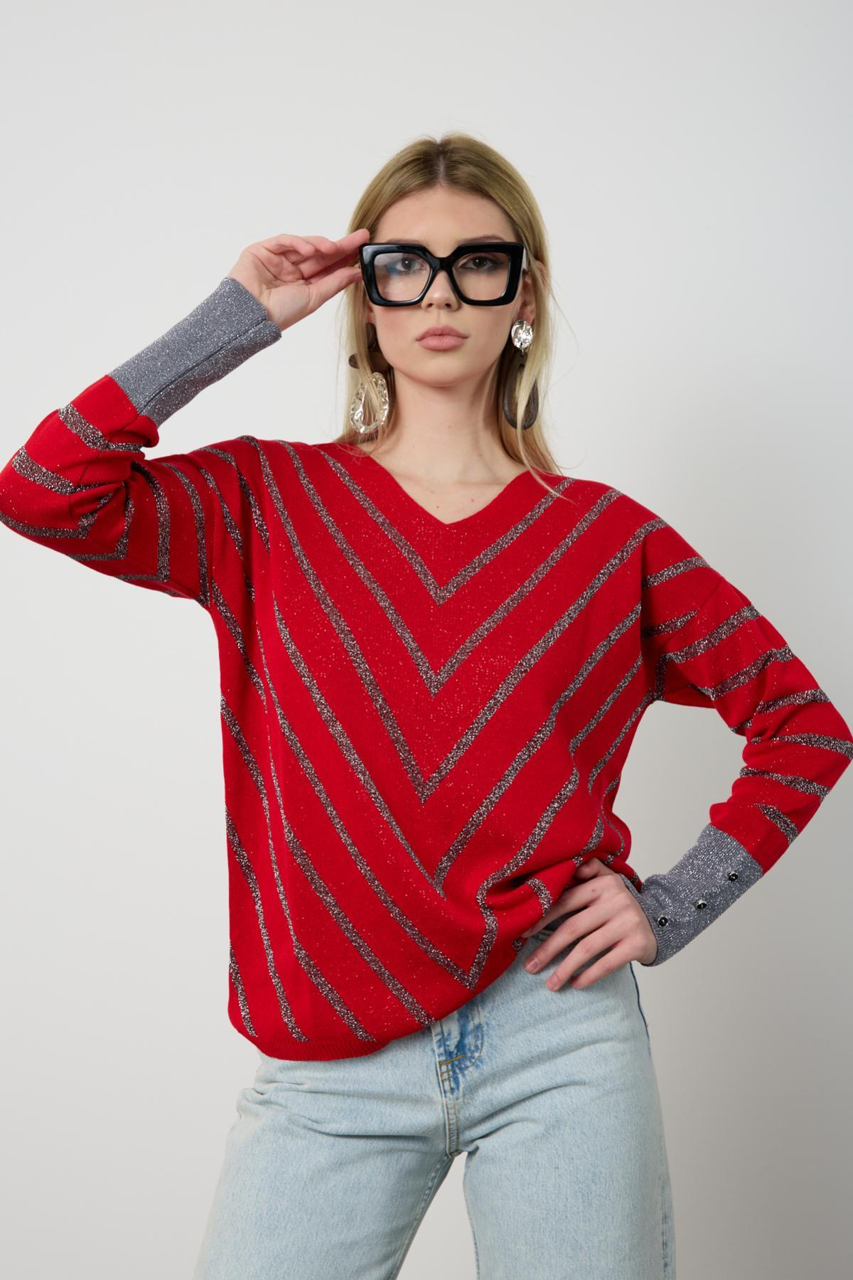 Wholesale Women Red Glitter V Neck Knit Blouse with Buttons on Sleeves 724819