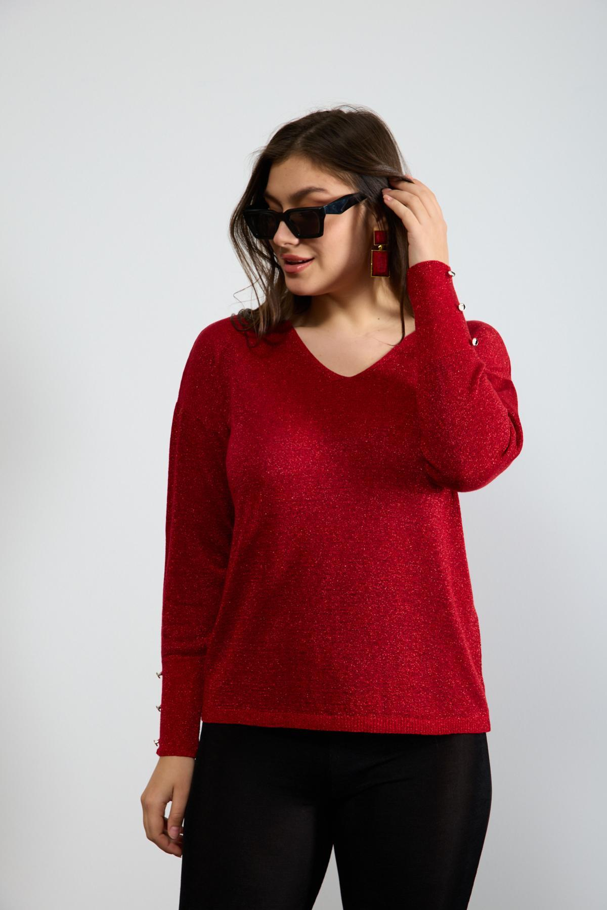 Wholesale Women Red Glittery V Neck Knit Blouse with Wide Cuffs 724846
