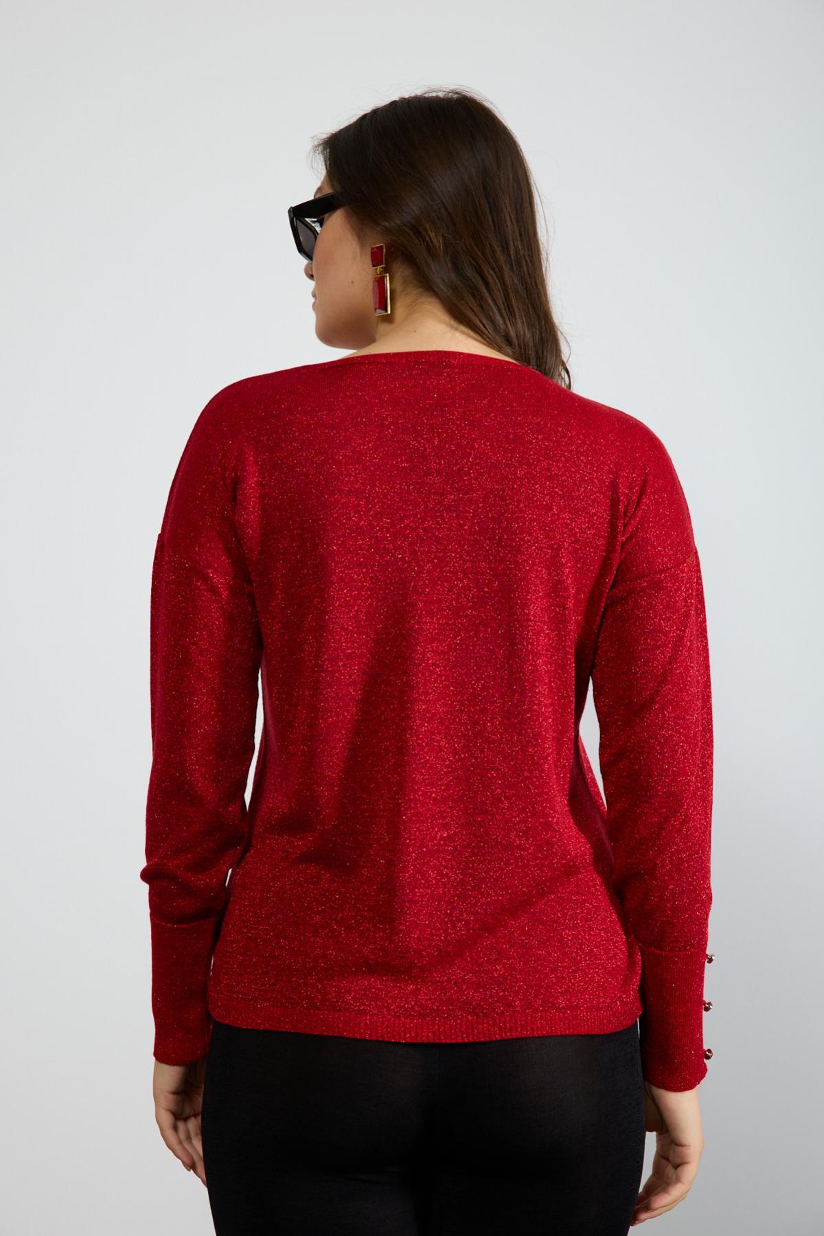 Wholesale Women Red Glittery V Neck Knit Blouse with Wide Cuffs 724846