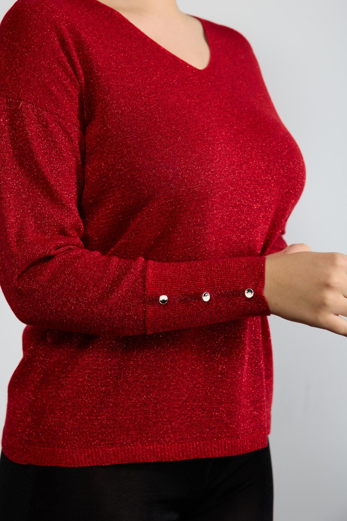 Wholesale Women Red Glittery V Neck Knit Blouse with Wide Cuffs 724846