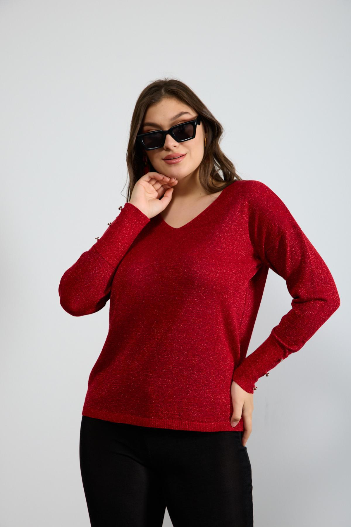 Wholesale Women Red Glittery V Neck Knit Blouse with Wide Cuffs 724846