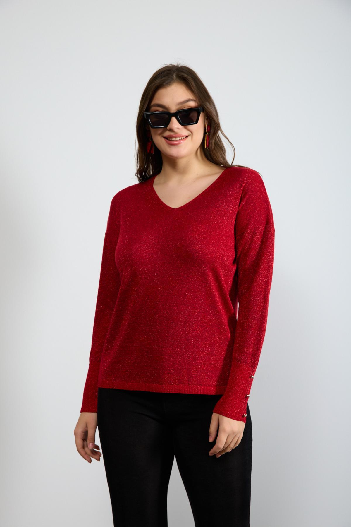 Wholesale Women Red Glittery V Neck Knit Blouse with Wide Cuffs 724846