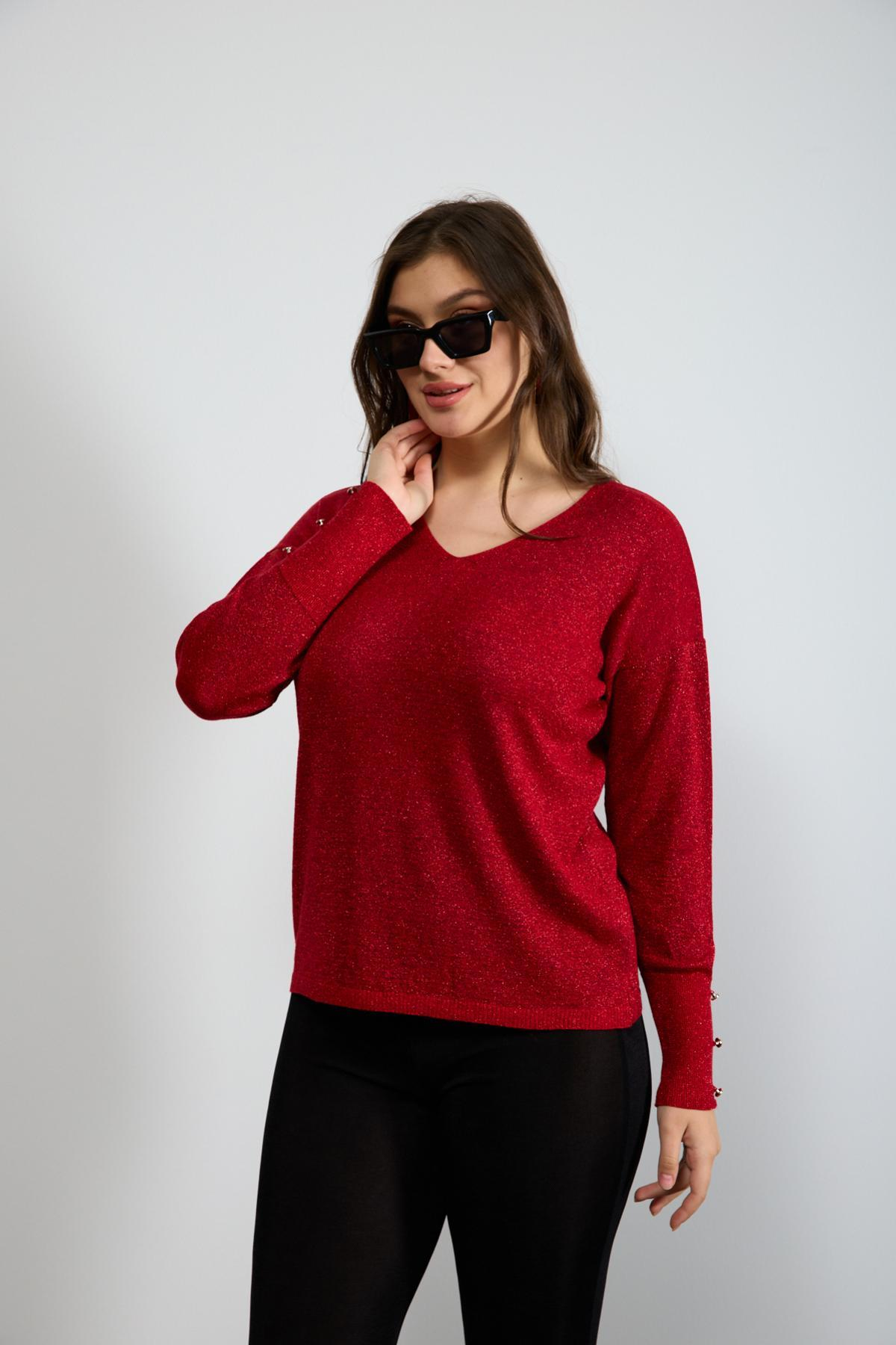 Wholesale Women Red Glittery V Neck Knit Blouse with Wide Cuffs 724846