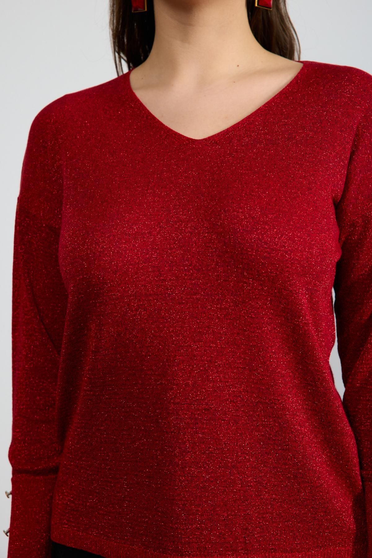 Wholesale Women Red Glittery V Neck Knit Blouse with Wide Cuffs 724846