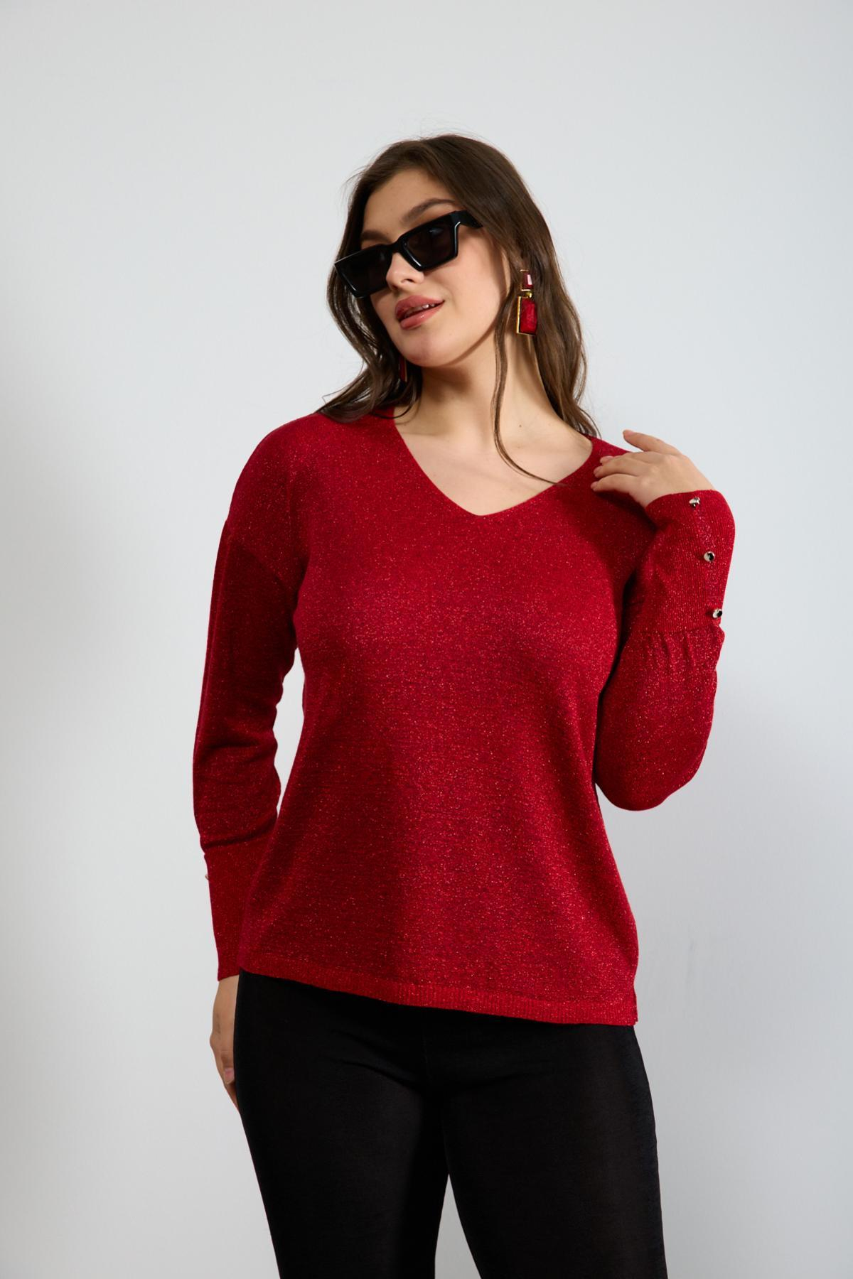 Wholesale Women Red Glittery V Neck Knit Blouse with Wide Cuffs 724846