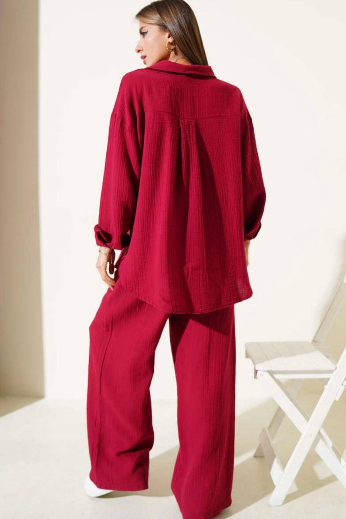 Wholesale Women Red Muslin Fabric Shirt Trouser Set 731153