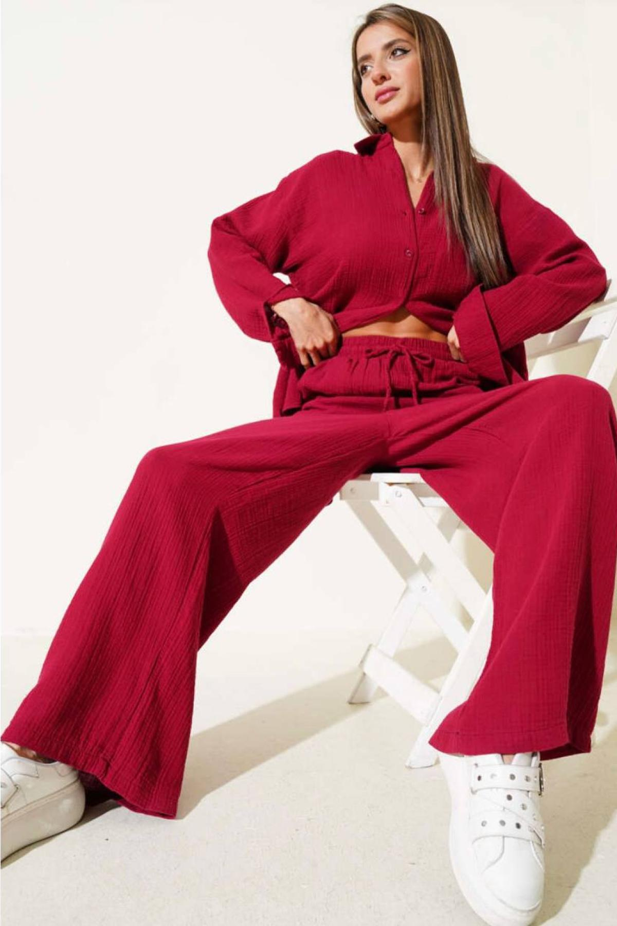 Wholesale Women Red Muslin Fabric Shirt Trouser Set 731153