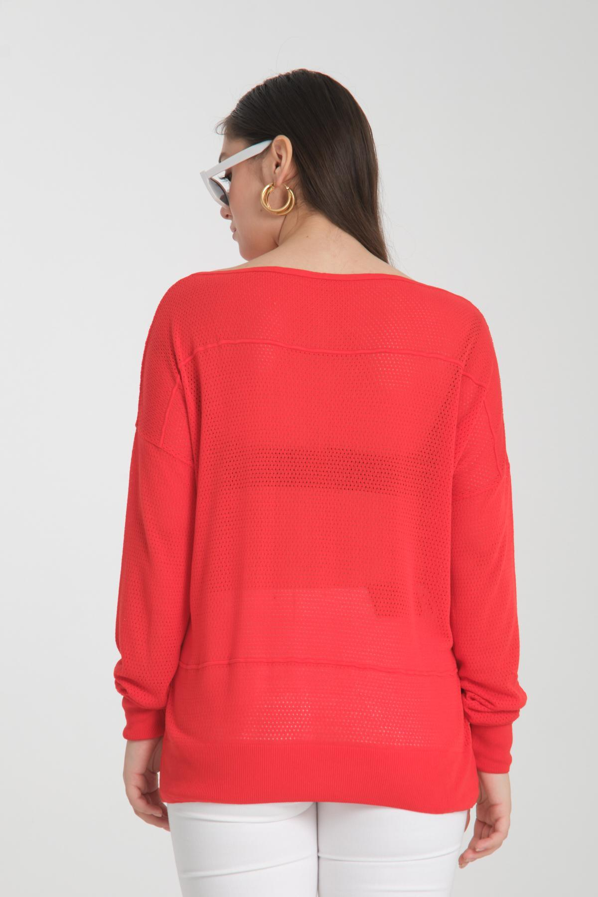 Wholesale Women Red Openwork Boat Neck Knit Blouse 722632