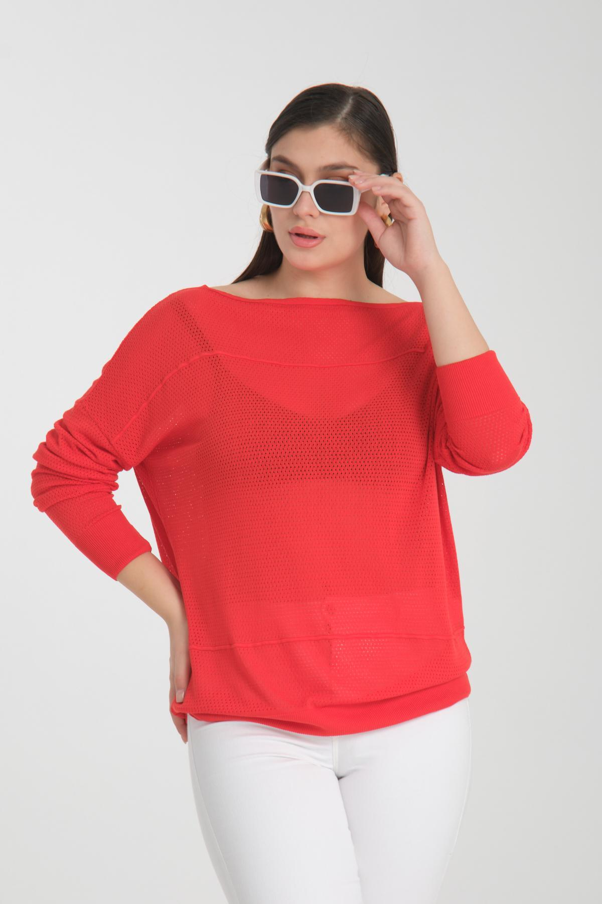 Wholesale Women Red Openwork Boat Neck Knit Blouse 722632