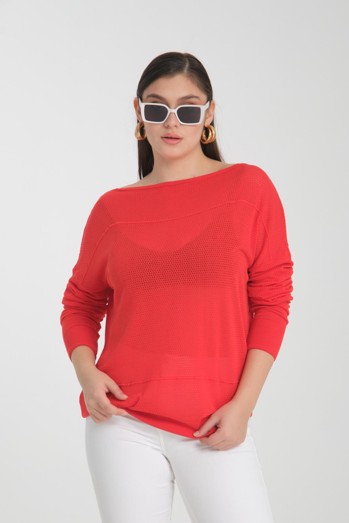 Wholesale Women Red Openwork Boat Neck Knit Blouse 722632