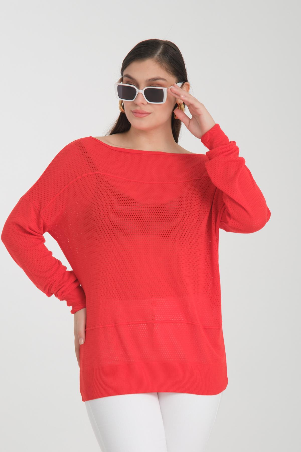 Wholesale Women Red Openwork Boat Neck Knit Blouse 722632