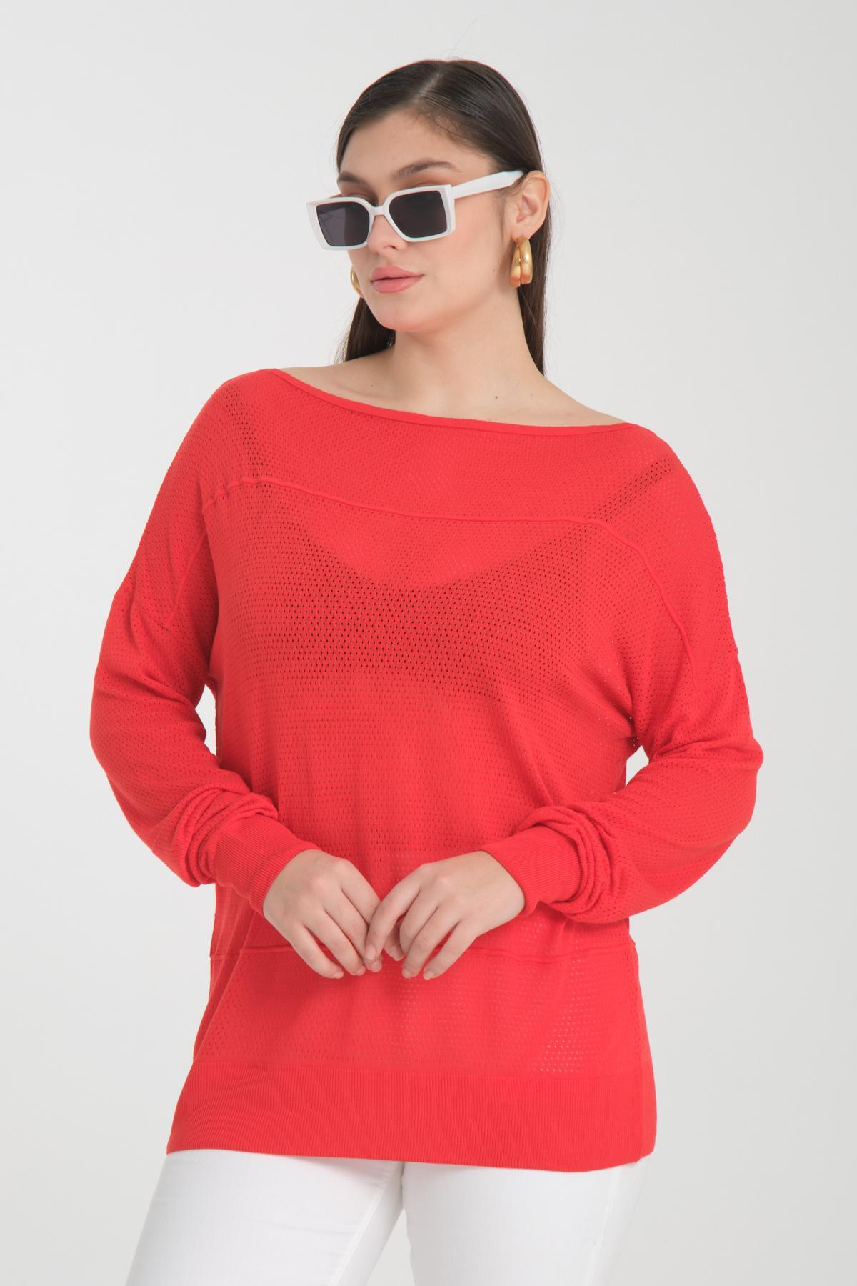 Wholesale Women Red Openwork Boat Neck Knit Blouse 722632