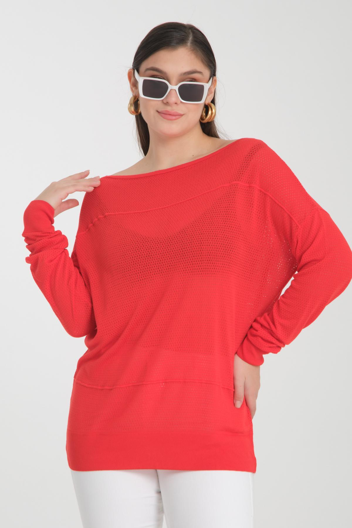 Wholesale Women Red Openwork Boat Neck Knit Blouse 722632