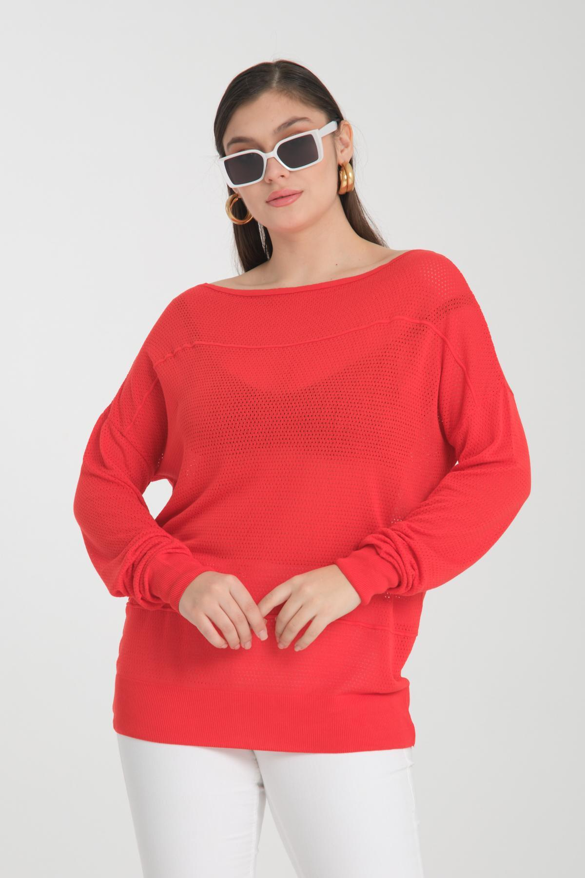 Wholesale Women Red Openwork Boat Neck Knit Blouse 722632