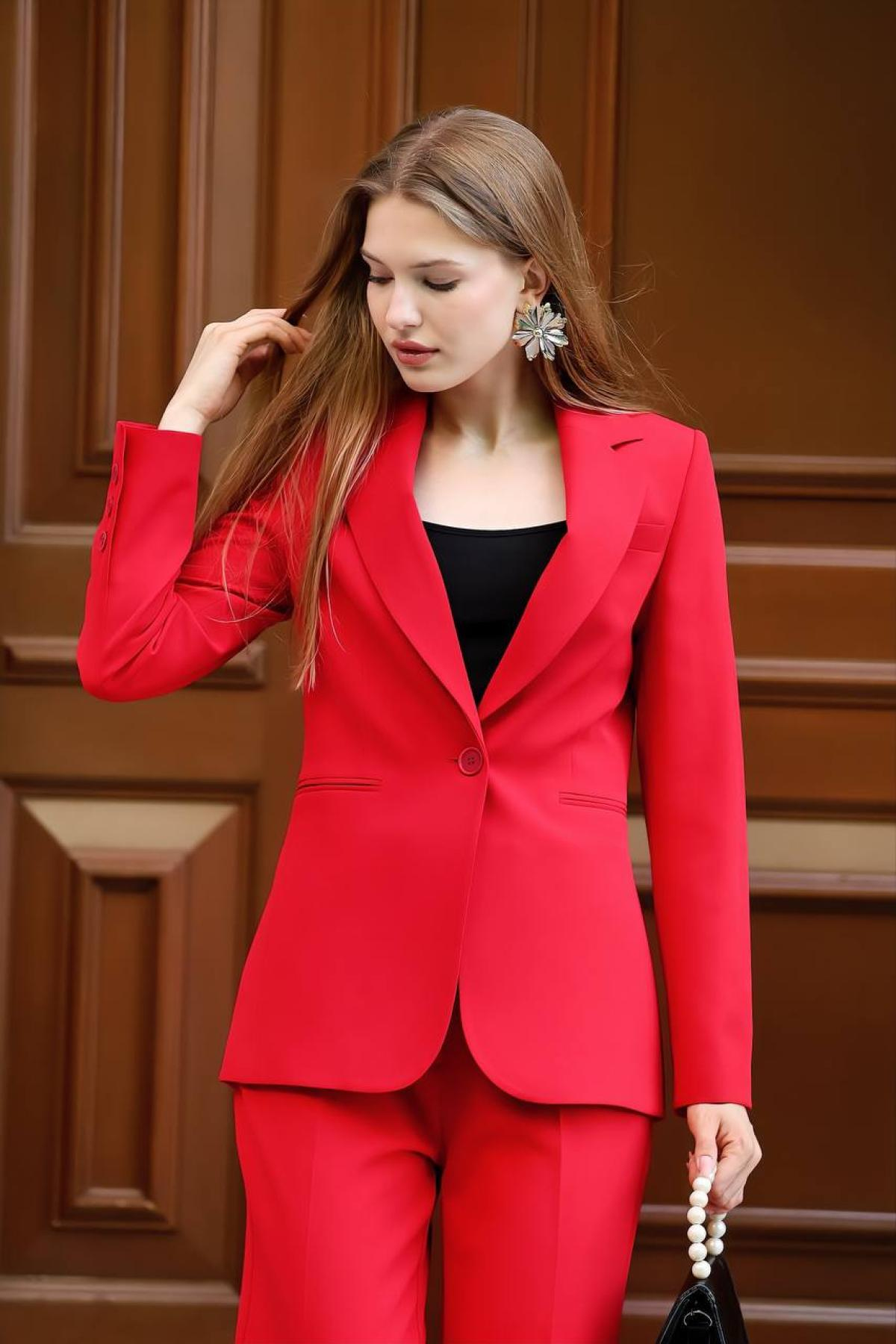 Wholesale Women Red Two Piece Suit Blazer and Pants Set 718292