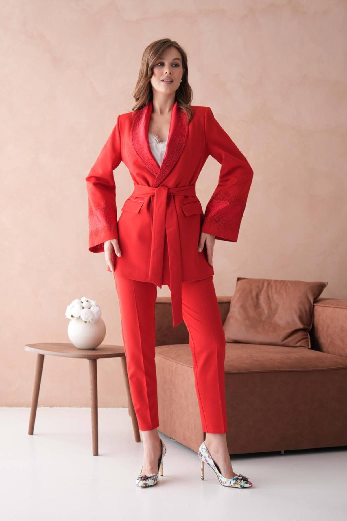 Wholesale Women Red Two Piece Suit Plus Size - Blazer and Pants Set 721230