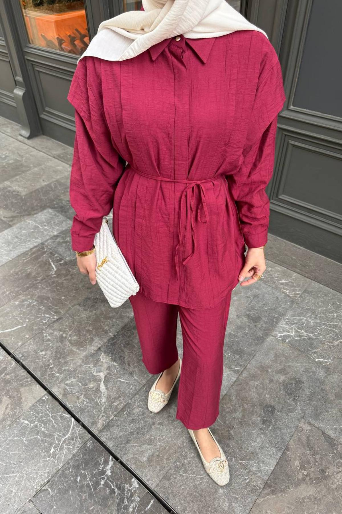 Wholesale Women Red Two Piece Suit Shirt and Pants Set 730913