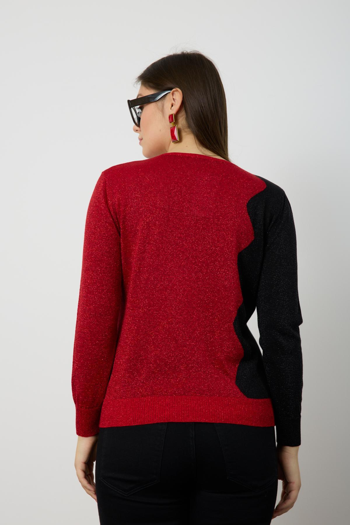 Wholesale Women Red Two Tone Glittery V-Neck Knit Blouse 724834