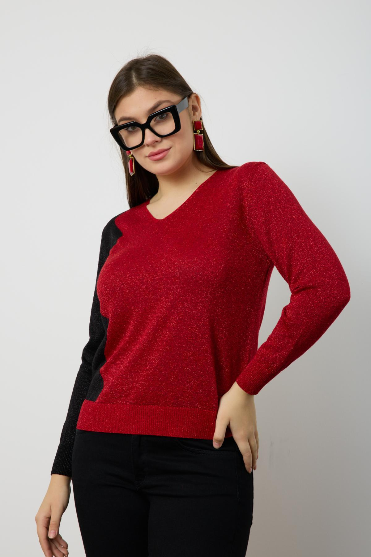 Wholesale Women Red Two Tone Glittery V-Neck Knit Blouse 724834