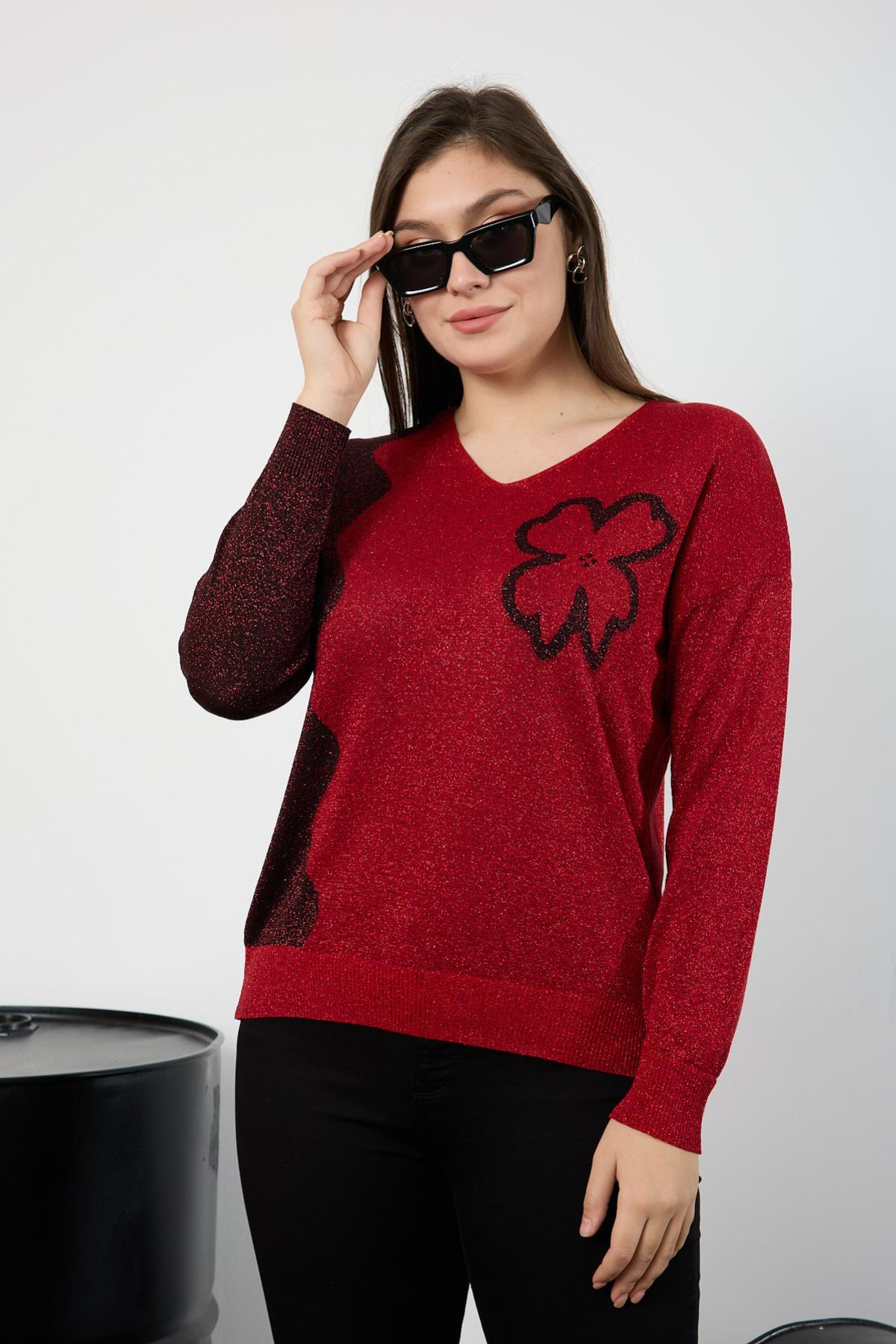 Wholesale Women Red Two Tone Glittery V-Neck Knit Blouse 725240