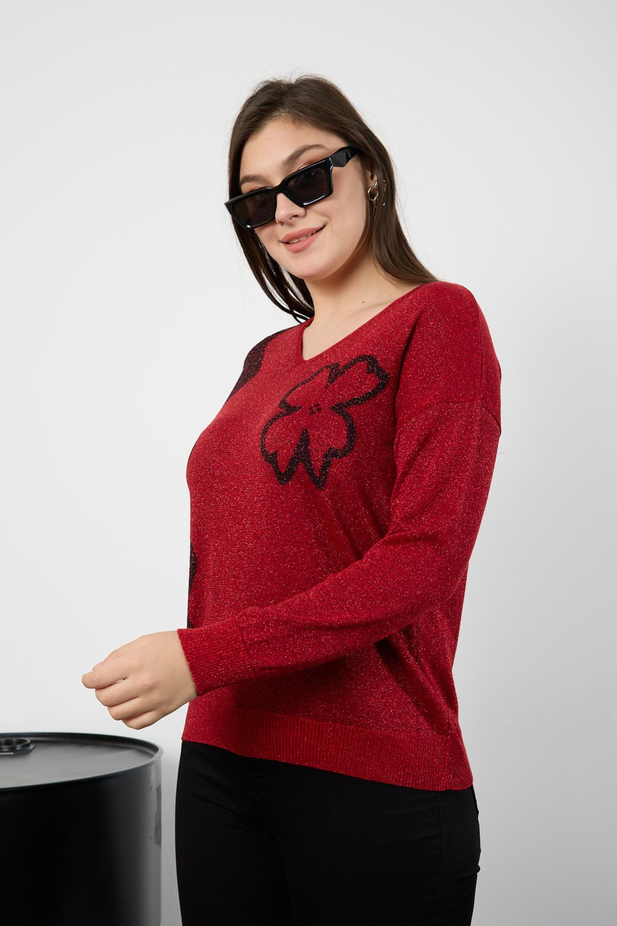 Wholesale Women Red Two Tone Glittery V-Neck Knit Blouse 725240