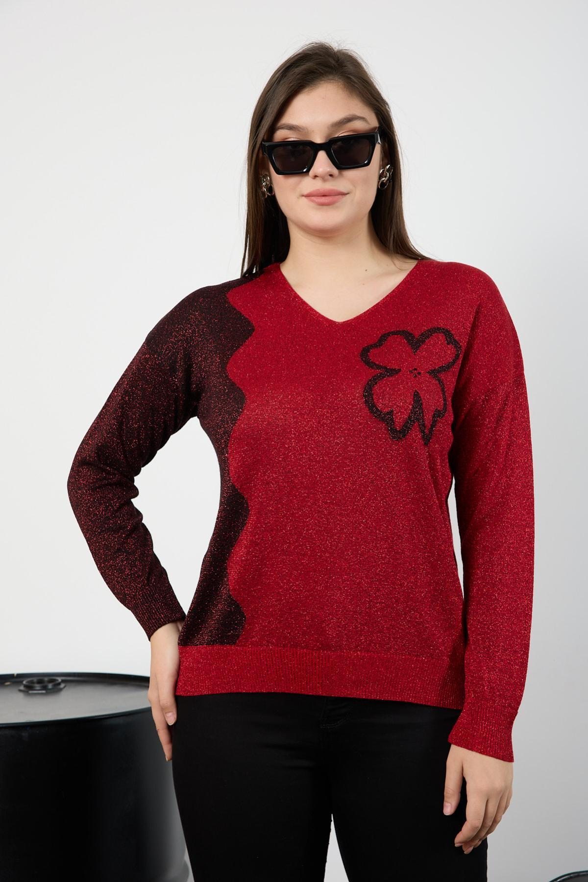 Wholesale Women Red Two Tone Glittery V-Neck Knit Blouse 725240
